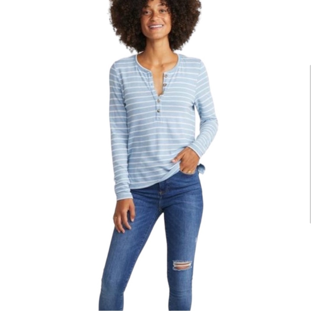 Marine Layer Women’s Double Knit Henley Denim Blue/White XS Long-Sleeve Jersey‎